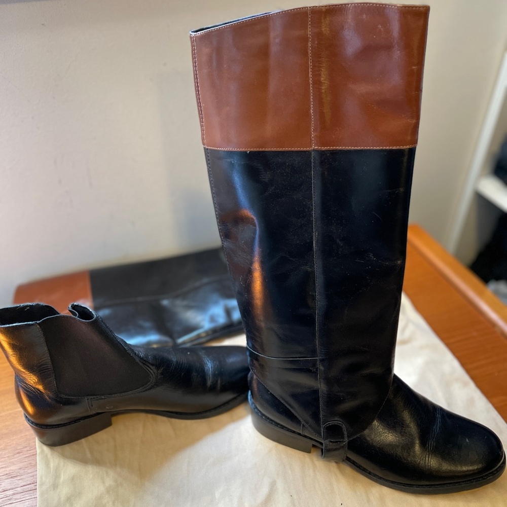 Convertible Chelsea Booties to 2-Tone Knee-High Boots Tan/ Blk Sz 39 / 8.5